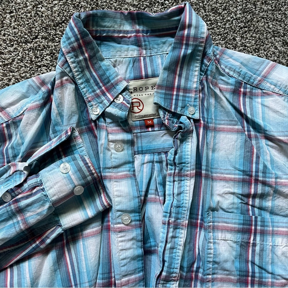 Roper Red White Blue Plaid Long‎ Sleeve Button Up Men's Size M **Flaw